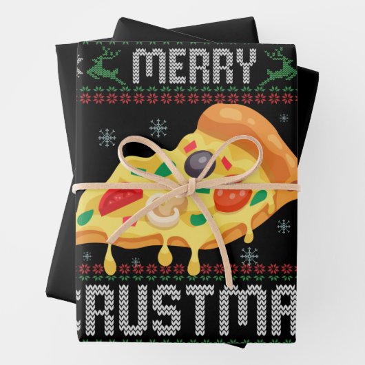 Merry Crustmas Funny Kerstmis Pizza Ugly Sweater Inpakpapier Vel (In situ)
