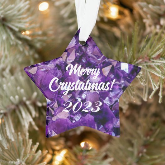 Merry Crystalmas 2023 Paarse Amethist Crystal Ornament (Boom)