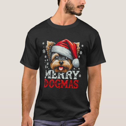 Merry Dogmas Christmas Yorkshire Terrier Dog Santa T-shirt (Voorkant)