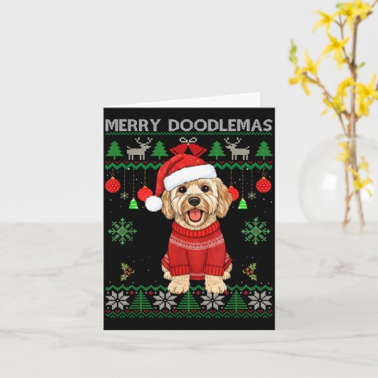 Merry Doodlemas Goldendoodle Wearing Ugly Christma Kaart (Gele Bloem)