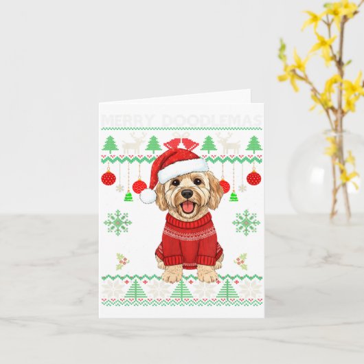 Merry Doodlemas Goldendoodle Wearing Ugly Christma Kaart (Gele Bloem)