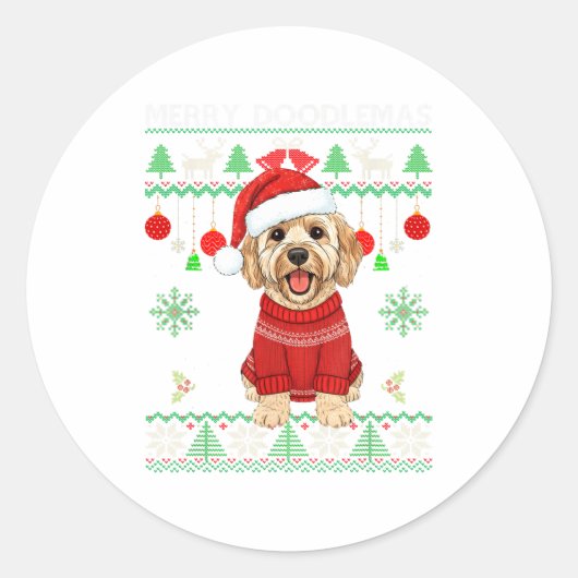 Merry Doodlemas Goldendoodle Wearing Ugly Christma Ronde Sticker (Voorkant)