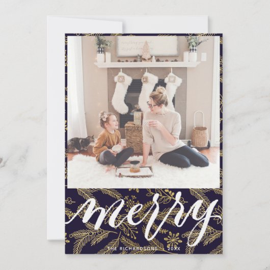 MERRY | Elegant Typography Gold Boughs Pattern Feestdagenkaart (Voorkant)