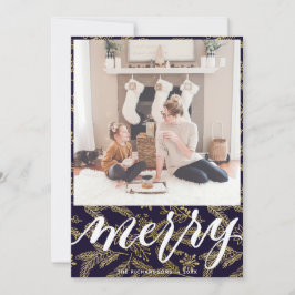 MERRY | Elegant Typography Gold Boughs Pattern Feestdagenkaart
