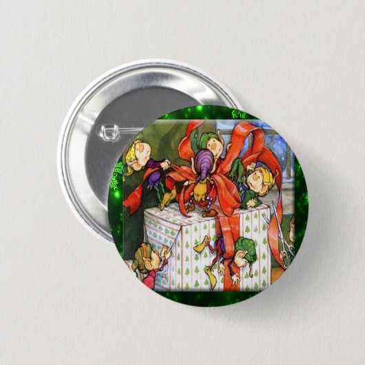 Merry Elves Wrapping Cadeau Round Button (Voorkant /achterkant)