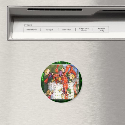 Merry Elves Wrapping Cadeau Round Button Magneet (Insitu (Vaatwasser))
