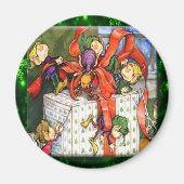 Merry Elves Wrapping Cadeau Round Button Magneet (Voorkant)