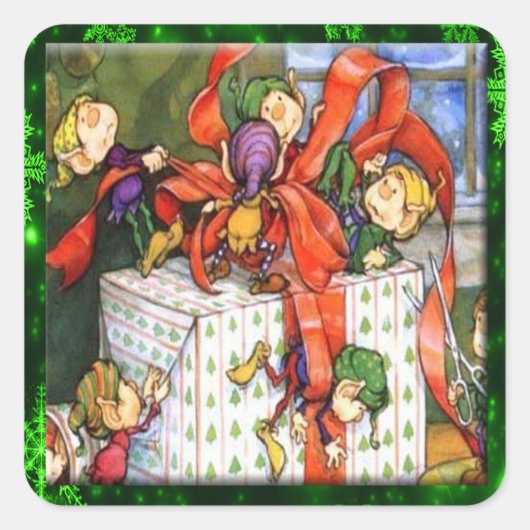 Merry Elves Wrapping Cadeau Vierkante Stickers (Voorkant)