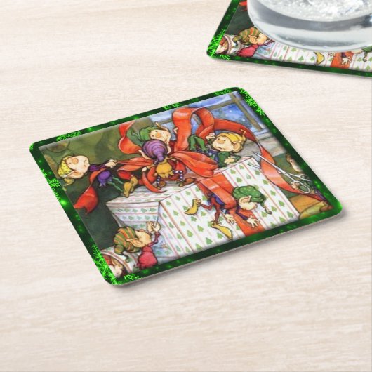 Merry Elves Wrapping Gift Pulp Board Sq Onderzette Kartonnen Onderzetters (Schuin)