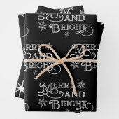 Merry en Bright Black en White Snowflake Star Inpakpapier Vel (In situ)