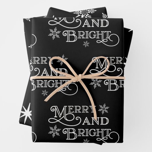 Merry en Bright Black en White Snowflake Star Inpakpapier Vel (In situ)