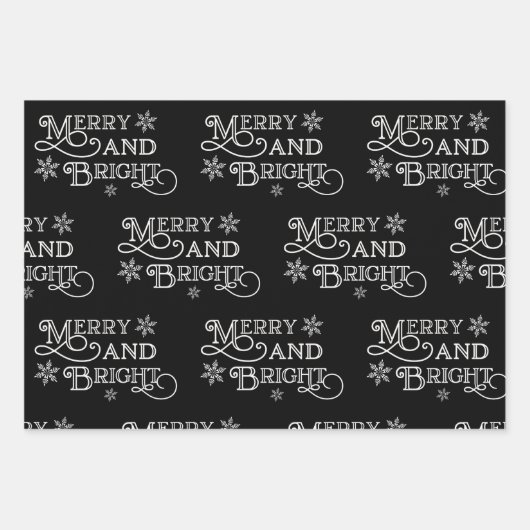 Merry en Bright Black en White Snowflake Star Inpakpapier Vel (Voorkant)