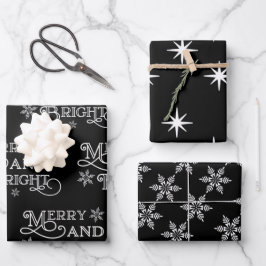 Merry en Bright Black en White Snowflake Star Inpakpapier Vel