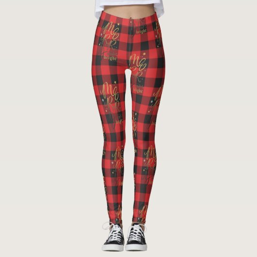 Merry en Bright Black Red Buffalo met kerstmis Leggings (Voorkant)