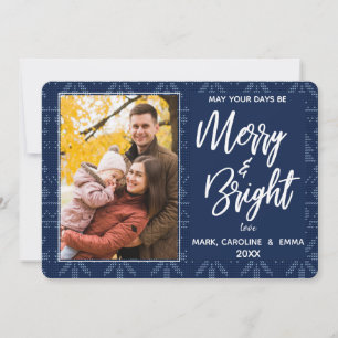Merry en Bright Blauwe Breipatroon Foto Feestdagenkaart
