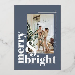 Merry en Bright Eenvoudige Foto Stofblauw Folie Feestdagenkaart