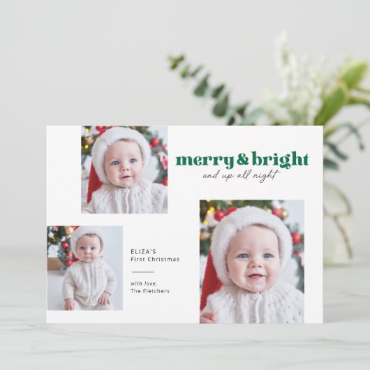 Merry en Bright Funny Babys Eerste Kerstmis Kaart (Staand voorkant)