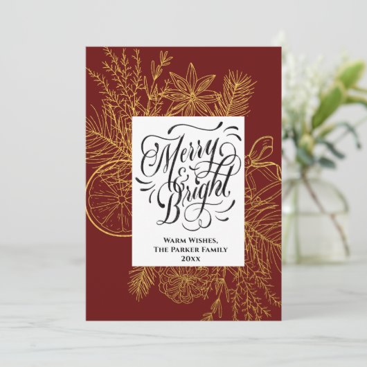 Merry en Bright Gold Citrus Pine Tree Bough Red Feestdagenkaart (Staand voorkant)