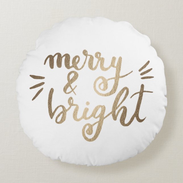 Merry en bright - goud rond kussen (Voorkant)