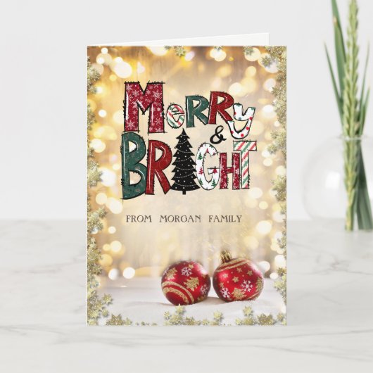 Merry en Bright, kerstballen, Stars Bokeh Feestdagen Kaart (Voorkant)