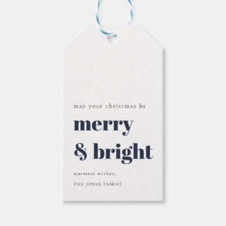 Merry en Bright kerstcadeautjes marineblauw Cadeaulabel