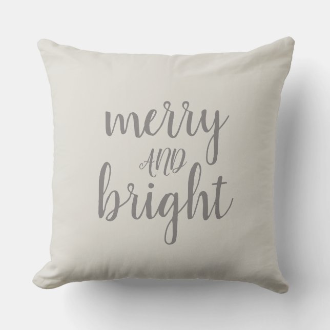 Merry en Bright kerstgrijs script Kussen (Voorkant)