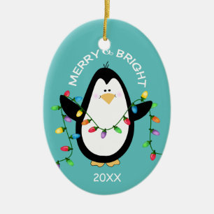 Merry en Bright Kerstmis Penguin Fun Blue Oval Keramisch Ornament