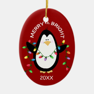 Merry en Bright kerstpinguïn in rood Keramisch Ornament