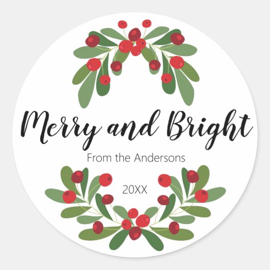 Merry en Bright Mistletoe Greenery Ronde Sticker (Voorkant)