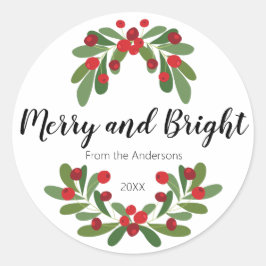 Merry en Bright Mistletoe Greenery Ronde Sticker