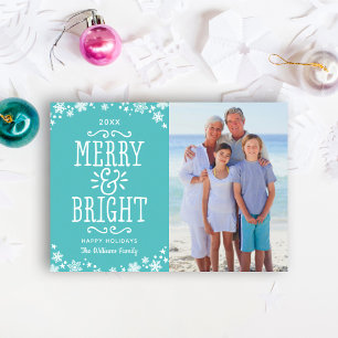 Merry en Bright Modern Blauwgroen blauwe foto Feestdagenkaart