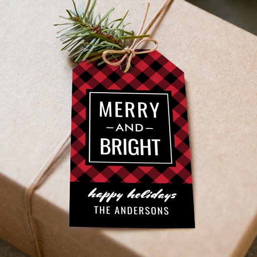 Merry en Bright Modern Red Buffalo Pset Cadeaulabel
