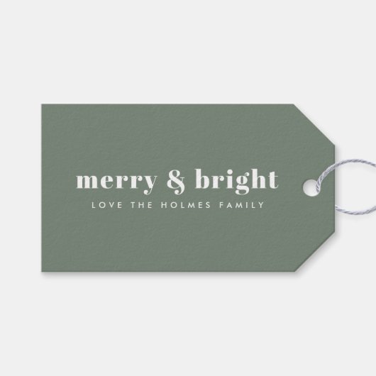 Merry en Bright | Moderne minimale kerstgroen Cadeaulabel (Voorkant (Horizontaal))
