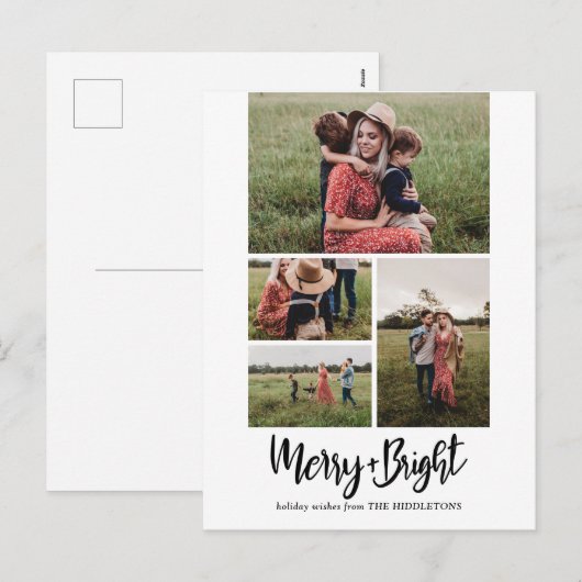 Merry en Bright | Moderne script multi-foto Feestdagenkaart (Voorkant / Achterkant)