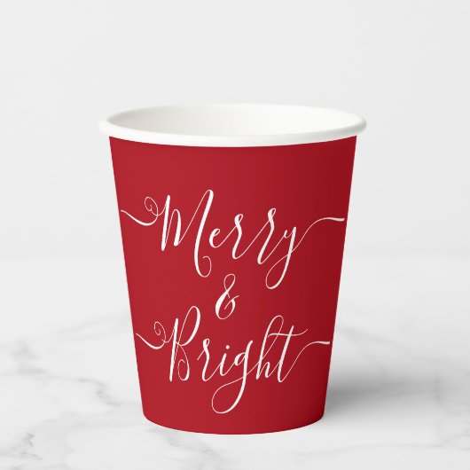 Merry en Bright | Moderne Typografie Red Kerstmis Papieren Bekers (Voorkant)