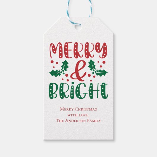 Merry en Bright Red en Green Holly Kerstmis Cadeaulabel (Voorkant)