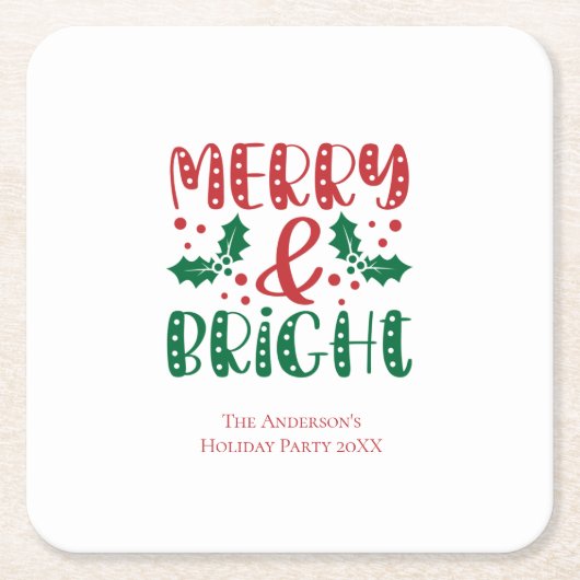 Merry en Bright Red en Green Holly Kerstmis Kartonnen Onderzetters (Voorkant)