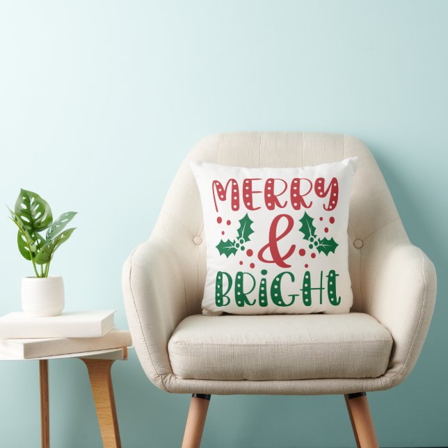 Merry en Bright Red en Green Holly Kerstmis Kussen (Stoel)