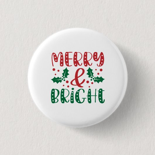 Merry en Bright Red en Green Holly Kerstmis Ronde Button 3,2 Cm (Voorkant)