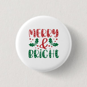 Merry en Bright Red en Green Holly Kerstmis Ronde Button 3,2 Cm