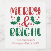 Merry en Bright Red en Green Holly Kerstmis Wijn Etiket (Enkel label)
