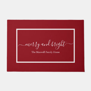 Merry en bright red script familienaam deurmat