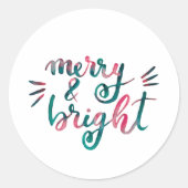Merry en bright - roze en groen ronde sticker (Voorkant)
