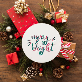 Merry en bright - roze en groen ronde sticker