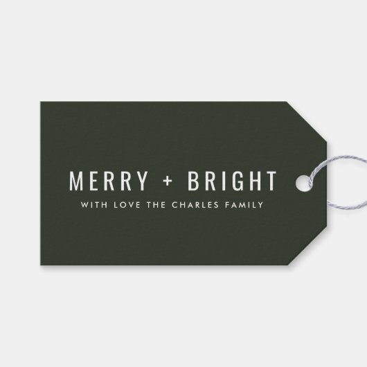 Merry en Bright | Stijlvolle donkergroene kerst Cadeaulabel (Voorkant (Horizontaal))