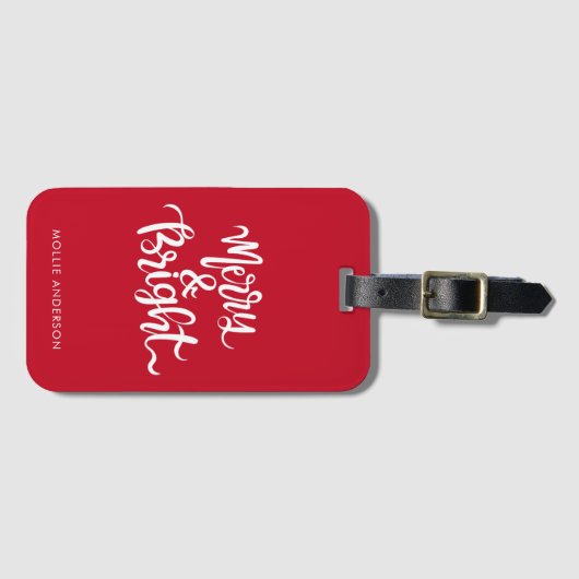Merry en Bright Typography Script Rood Bagagelabel (Voorkant (horizontaal))
