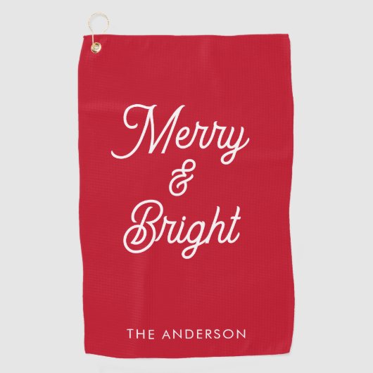 Merry en Bright Typography Script Rood Golfhanddoek (Voorkant)