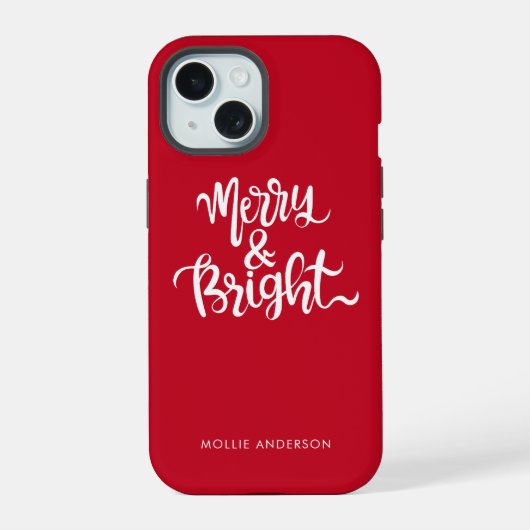 Merry en Bright Typography Script Rood iPhone 15 Case (Achterkant)