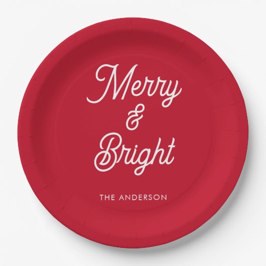 Merry en Bright Typography Script Rood Papieren Bordje (Voorkant)