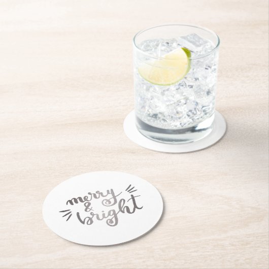 Merry en bright - zilver ronde kartonnen onderzetter (Insitu)
